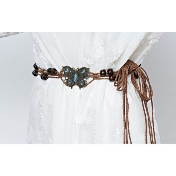 Boho Butterfly Rhinestone Blue Turquoise And Brown Beaded Woven Soft Tie Belt - Picture 10 of 12